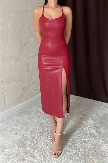 Toptan Kırmızı Sırt Dekolteli Deri Elbise
