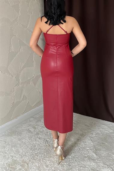 Toptan Kırmızı Sırt Dekolteli Deri Elbise