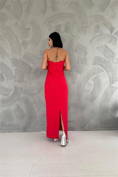 Toptan Kırmızı Straplez Atlas Elbise