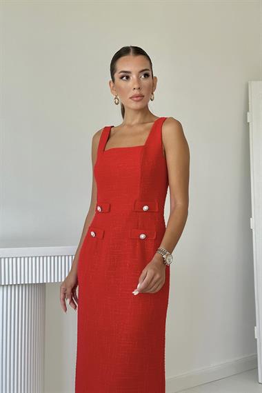 Toptan Kırmızı Süs Cepli Sıfır Kol Elbise