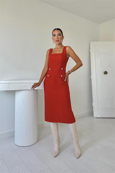 Toptan Kırmızı Süs Cepli Sıfır Kol Elbise