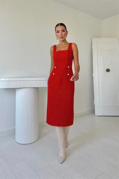 Toptan Kırmızı Süs Cepli Sıfır Kol Elbise
