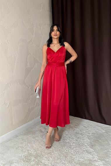 Toptan Kırmızı Taş Askılı Prenses Elbise