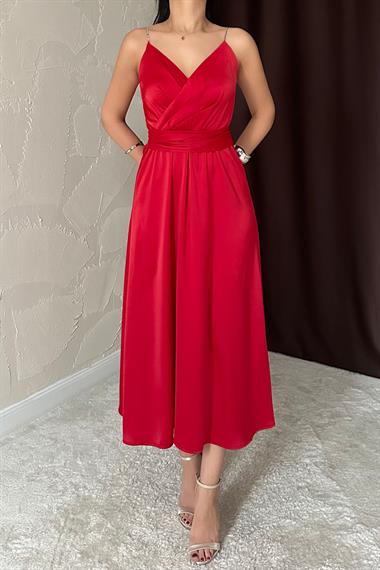 Toptan Kırmızı Taş Askılı Prenses Elbise