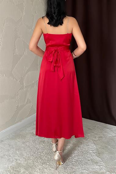 Toptan Kırmızı Taş Askılı Prenses Elbise