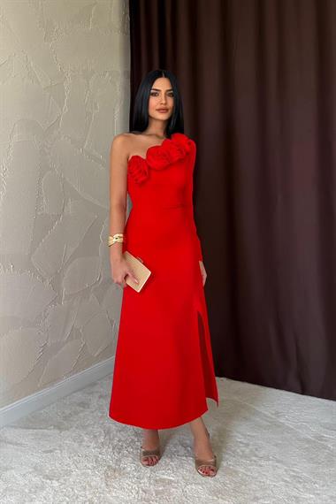 Toptan Kırmızı Tek Kollu Güllü Elbise