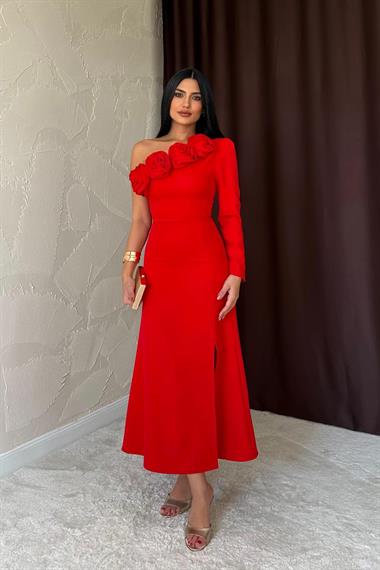 Toptan Kırmızı Tek Kollu Güllü Elbise