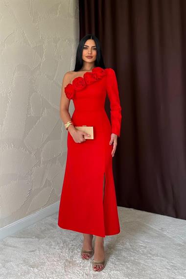 Toptan Kırmızı Tek Kollu Güllü Elbise