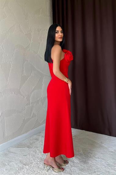 Toptan Kırmızı Tek Kollu Güllü Elbise