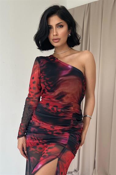 Toptan Kırmızı Tek Omuzlu Tül Elbise