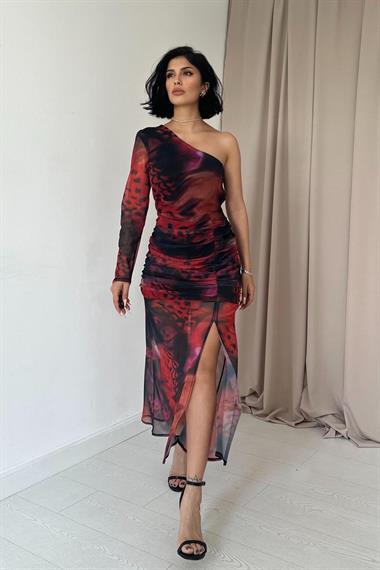 Toptan Kırmızı Tek Omuzlu Tül Elbise