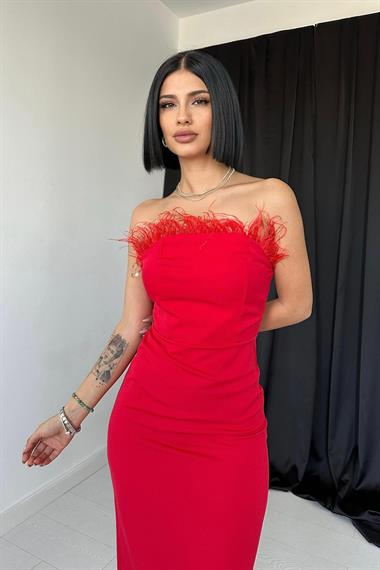 Toptan Kırmızı Tüylü Elbise