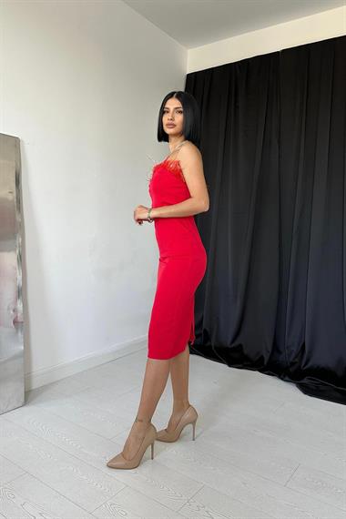 Toptan Kırmızı Tüylü Elbise