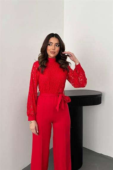 Toptan Kırmızı Üstü Dantel Tulum