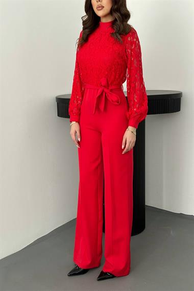 Toptan Kırmızı Üstü Dantel Tulum