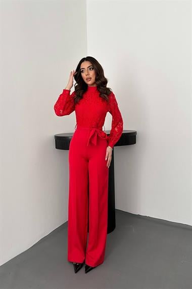 Toptan Kırmızı Üstü Dantel Tulum