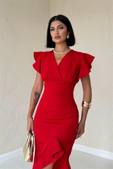 Toptan Kırmızı Volanlı Elbise