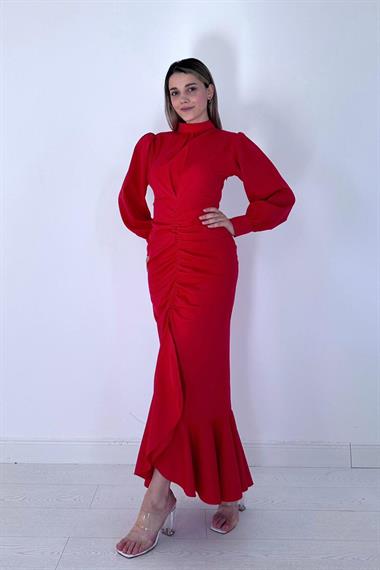 Toptan Kırmızı Volanlı Uzun Kol Elbise