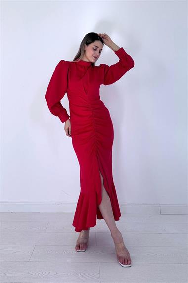 Toptan Kırmızı Volanlı Uzun Kol Elbise