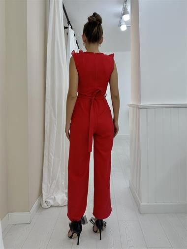 Toptan Kırmızı Volanlı ve Kemerli Tulum