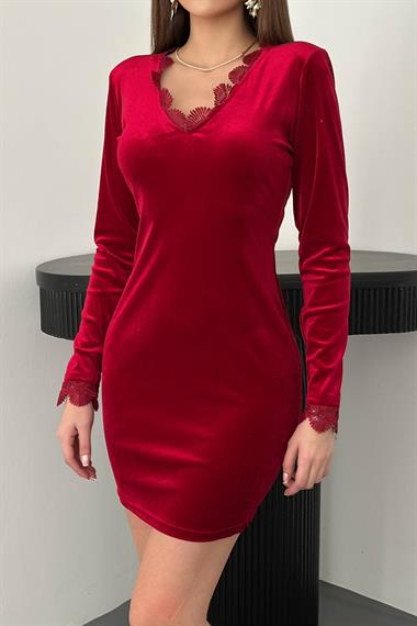 Toptan Kırmızı Yaka ve Kol Dantelli Mini Elbise