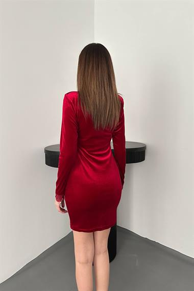 Toptan Kırmızı Yaka ve Kol Dantelli Mini Elbise