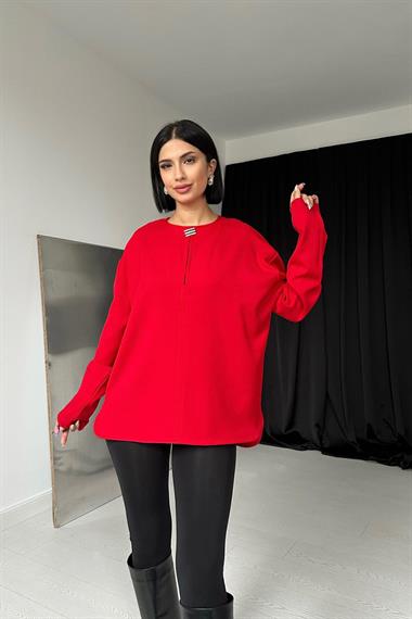 Toptan Kırmızı Yakası Broşlu Bluz