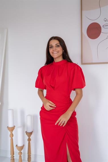 Toptan Kırmızı Yırtmaçlı Class Elbise