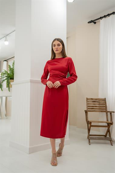 Toptan Kırmızı Yırtmaçlı Saten Elbise