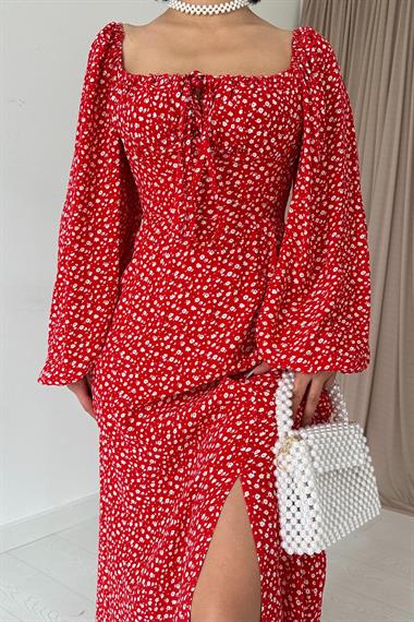 Toptan Kırmızı Yırtmaçlı Viskon Elbise