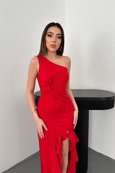 Toptan Kırmızı Yırtmaçlı Volanlı Elbise