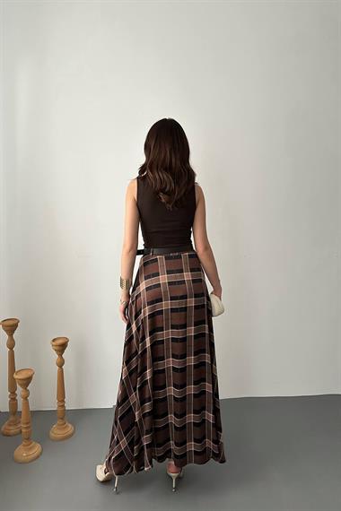 Toptan Koyu Kahve Ekoseli Etek