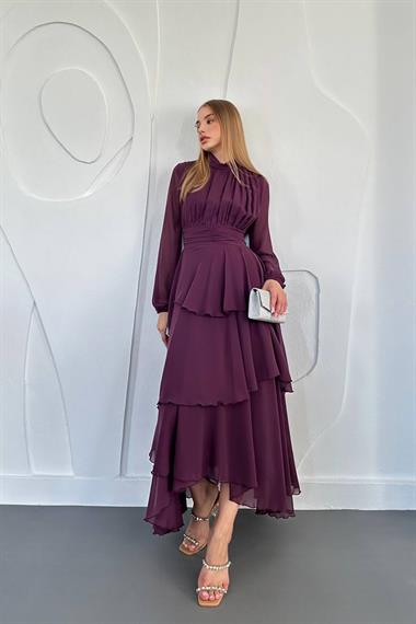 Toptan Koyu Mor Bel Detaylı Elbise