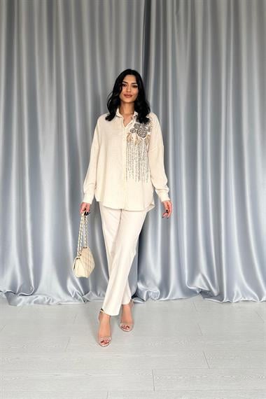 Wholesale Cream Sequin Embroidered Free Size Shirt
