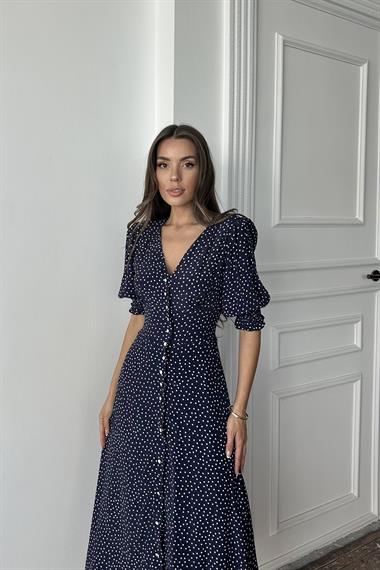 Toptan Lacivert Arka ve Bel Ucu Gipeli Elbise