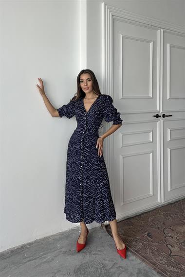 Toptan Lacivert Arka ve Bel Ucu Gipeli Elbise