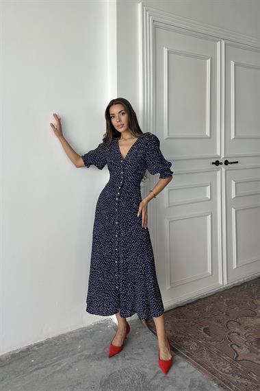 Toptan Lacivert Arka ve Bel Ucu Gipeli Elbise