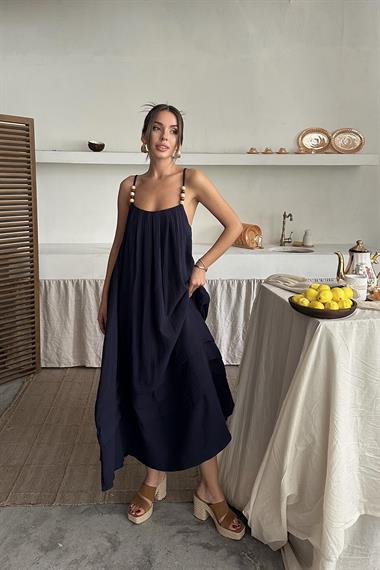 Toptan Lacivert Askılı Müslin Elbise