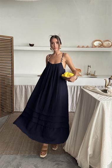 Toptan Lacivert Askılı Müslin Elbise
