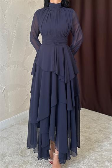 Toptan Lacivert Bel Detaylı Elbise