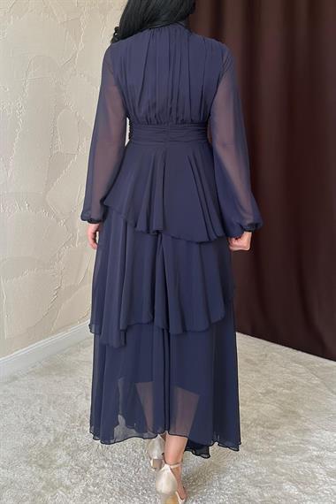 Toptan Lacivert Bel Detaylı Elbise