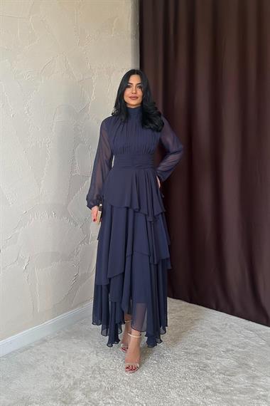Toptan Lacivert Bel Detaylı Elbise