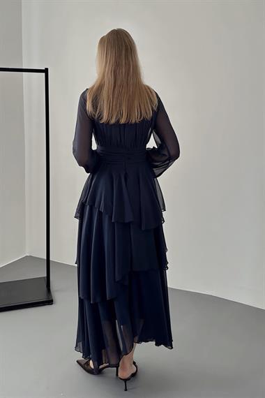 Toptan Lacivert Bel Detaylı Elbise