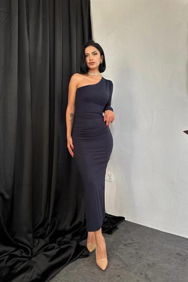 Toptan Lacivert Büzgü Detaylı Tek Omuz Elbise