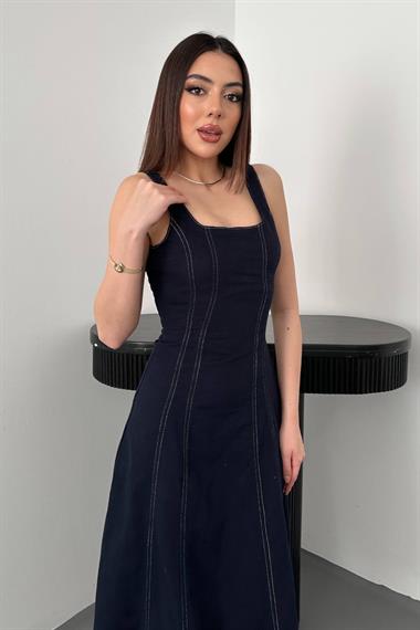 Toptan Lacivert Çift Dikişli Gabardin Elbise