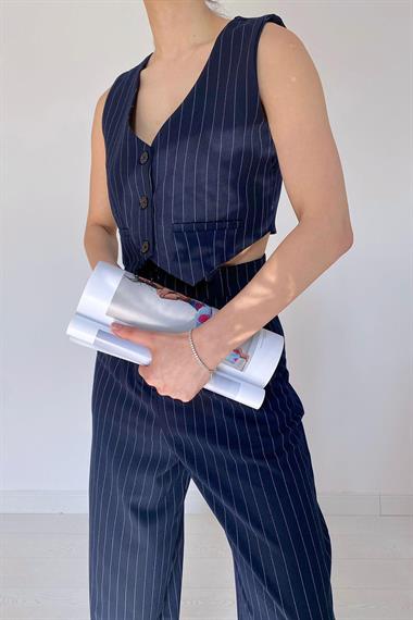 Toptan Lacivert Çizgili Ceket & Yelek ve Pantolon Takım