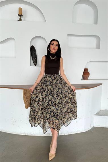 Toptan Lacivert Desenli Şifon Dilimli Etek