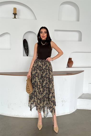 Toptan Lacivert Desenli Şifon Dilimli Etek