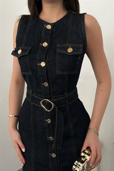 Toptan Lacivert Düğmeli Kot Elbise