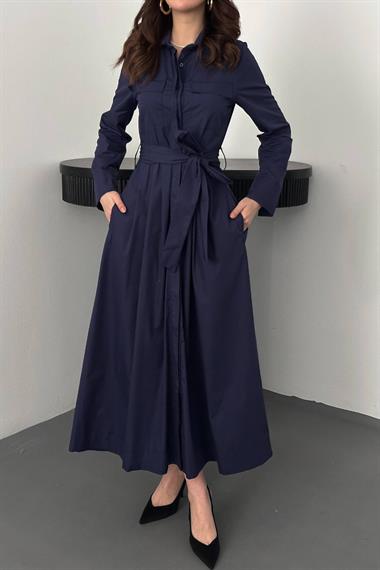 Toptan Lacivert Düğmeli Poplin Elbise